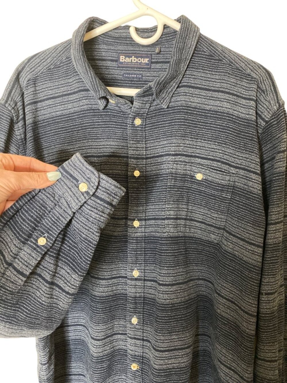 Barbour Plockton Tailored Fit Shirt Mens XL Blue Striped Cotton Button Down - Picture 9 of 13